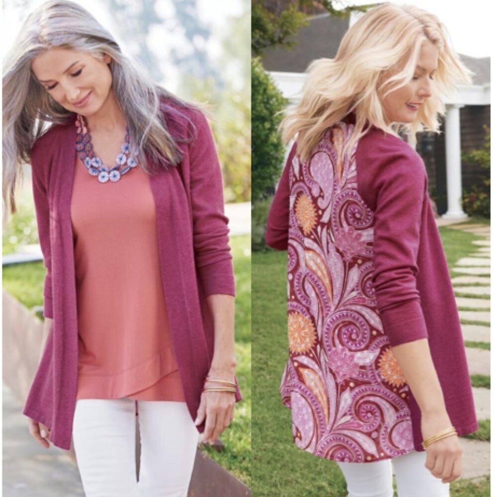 Soft Surroundings Pattern Back Paisley Open Front Cardigan Size Small